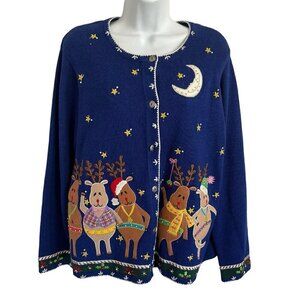 Vtg Arriviste Christmas Cardigan Knit Ugly Sweater Large Blue Dancing Reindeer